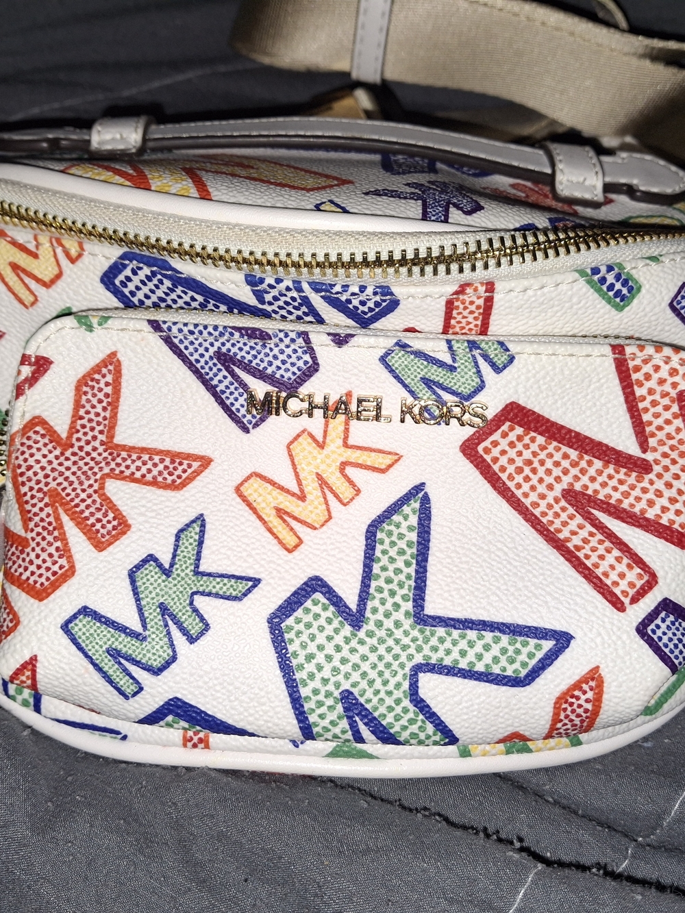 Michael Kors White Crossbody with Multicolor MK Logo Print